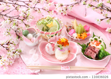 Temari sushi cherry blossom viewing bento 110836026