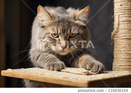A domestic cat sharpens its claws on a scratching post in the interior of the house. Protection from damage to furniture by a pet, upbringing and needs. AI generated A domestic cat sharpens its claws on a scratching post in the interior of the house. Protection from damage to furniture by a pet, upbringing and needs. AI generated 110836104