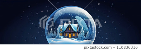 Magical glass ball with tiny modern cozy winter house inside on dark background. Snow globe, illustration. Insurance, moving, mortgage, rent and purchase real estate. AI generated 110836316