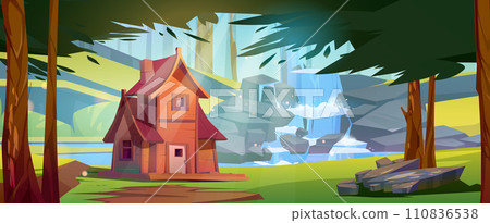 Wooden house in forest on shore of river 110836538