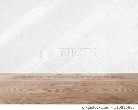 Background image material of white wall and natural brown wood floor, wall and flooring background with pale shadow, 110836655