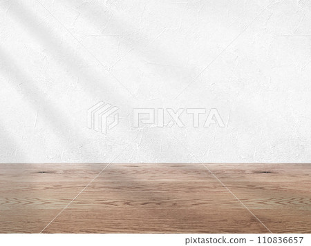 Background image material of white wall and natural brown wood floor, wall and flooring background with pale shadow, 110836657