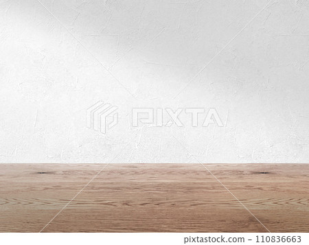 Background image material of white wall and natural brown wood floor, wall and flooring background with pale shadow, 110836663