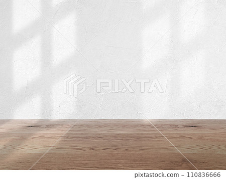 Background image material of white wall and natural brown wood floor, wall and flooring background with pale shadow, 110836666