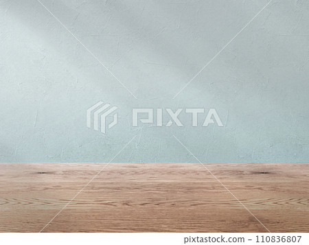 Green wall and natural brown wood floor background image material, wall and flooring background with light shadows 110836807
