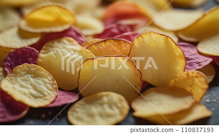 Potato chips on a plate, close-up, selective focus. Generative AI 110837193