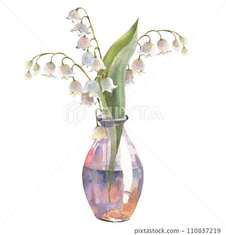 Watercolor illustration. Lilies of the valley. Bouquet in a glass vase. White spring flowers. Design for printing postcards, invitations to weddings, birthdays, spring and summer holidays, Easter 110837219
