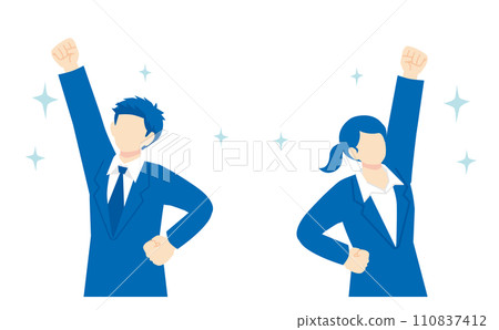 穿著藍色西裝的男人和女人舉起拳頭 穿著藍色西裝的男人和女人舉起拳頭 110837412