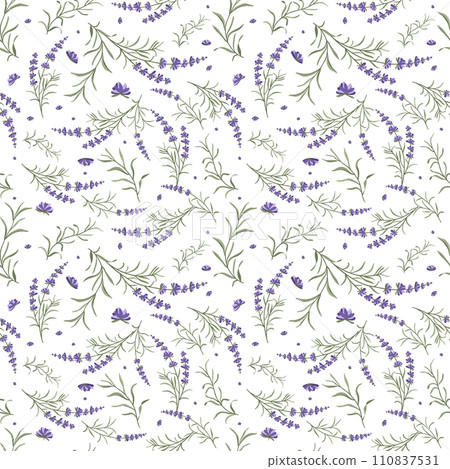 Seamless pattern of lavender branches and flowers. Design of packaging, bed linen, textiles  110837531