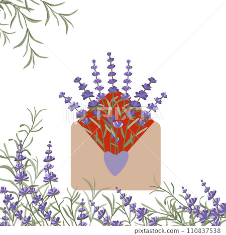 Vintage open light brown envelope with hand drawn lavender flowers and heart. Thank you card 110837538
