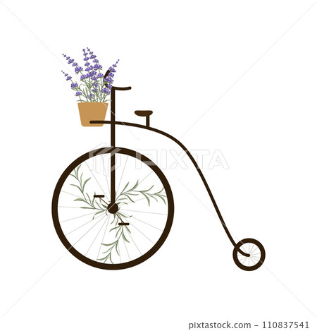 Vintage Penny Farthing bicycle with lavender flowers as decor. Thank you card. Vector  110837541