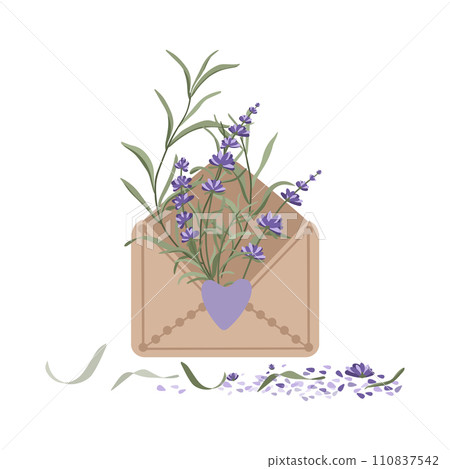 Vintage open light brown envelope with hand drawn lavender flowers. Thank you card. Vector  110837542