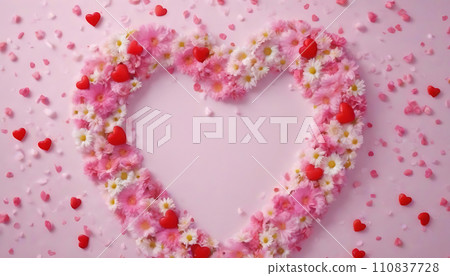 Valentine's Day background with hearts and flowers on pink background. Generative AI 110837728