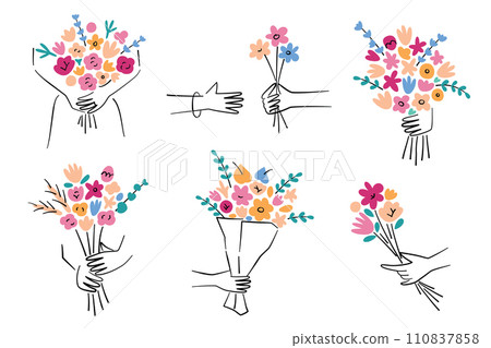 Hands with flower bouquets, flowers hand drawn collection, vector illustrations of floral arrangements in human hands, presents for birthday, Valentines Day, Mothers Day, gift for Womens Day Hands with flower bouquets, flowers hand drawn collection, vector illustrations of floral arrangements in human hands, presents for birthday, Valentines Day, Mothers Day, gift for Womens Day 110837858