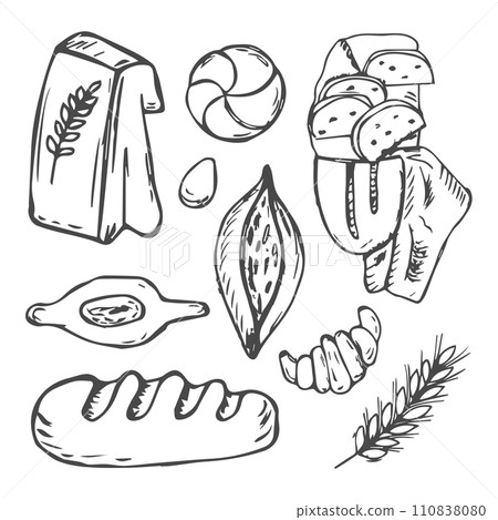 Bread vector hand drawn set illustration. Other types of wheat, flour fresh bread. Food bakery Bread vector hand drawn set illustration. Other types of wheat, flour fresh bread. Food bakery 110838080