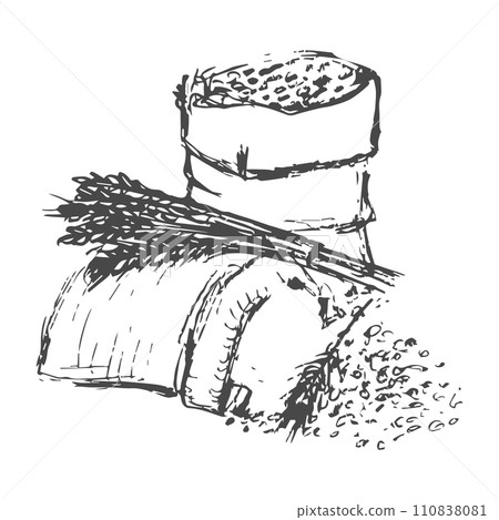 Vector illustration of a bag of grain and flour for baking bread, drawn by hand. doodle, sketch Vector illustration of a bag of grain and flour for baking bread, drawn by hand. doodle, sketch 110838081