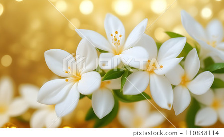 White jasmine flowers on golden bokeh background. Generative AI 110838114