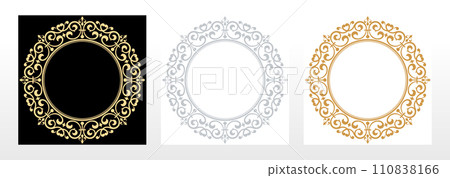 Set of decorative frames Elegant vector element for design in Eastern style, place for text. Floral black, gold and gray borders. Lace illustration for invitations and greeting cards Set of decorative frames Elegant vector element for design in Eastern style, place for text. Floral black, gold and gray borders. Lace illustration for invitations and greeting cards 110838166