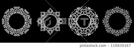 Set of decorative frames Elegant vector element for design in Eastern style, place for text. Floral black and white borders. Lace illustration for invitations and greeting cards. 110838167