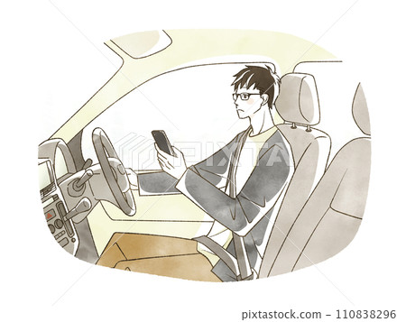 A man driving a car while looking at his smartphone 110838296