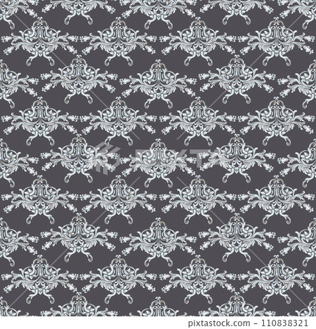 Hand drawn watercolor vintage ornament seamless pattern. Baroque illustration isolated on grey background. Can be used for textile, fabric and other printed products. 110838321