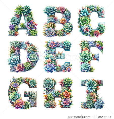 Beautiful Alphabet decorated with succulents. Watercolor illustration. 110838405