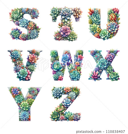 Beautiful Alphabet decorated with succulents. Watercolor illustration. 110838407
