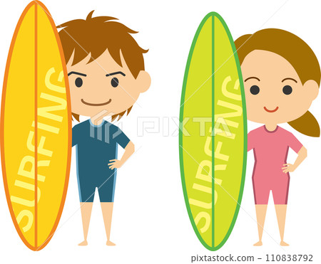 拿著衝浪板的年輕男女的插圖 拿著衝浪板的年輕男女的插圖 110838792
