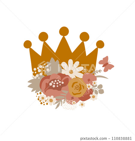 Princess headband with crown and floral wreath. Vector girls party element isolated on white background. 110838881