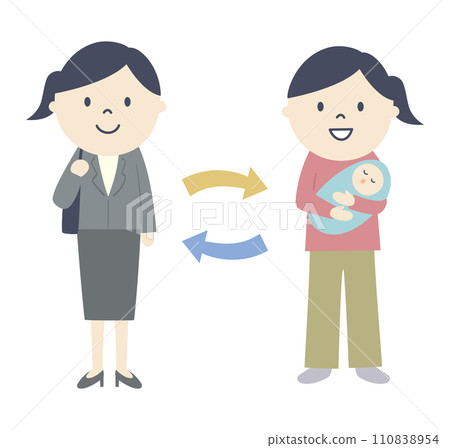 Illustration of a mother balancing work and childcare Illustration of a mother balancing work and childcare 110838954