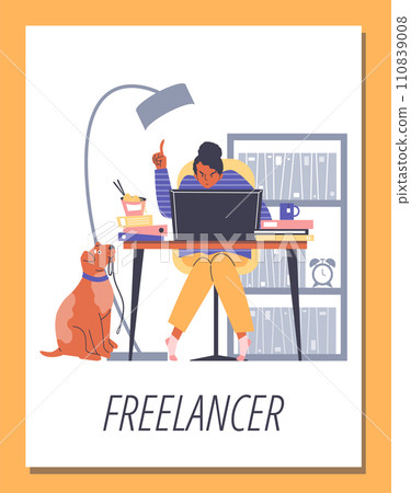Freelancer girl working remotely at laptop in home office and dog wait for walk 110839008