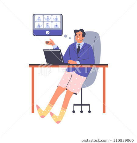 Freelancer man working at the laptop, having online meeting, freelance lifestyle, vector character in suit and panties 110839060