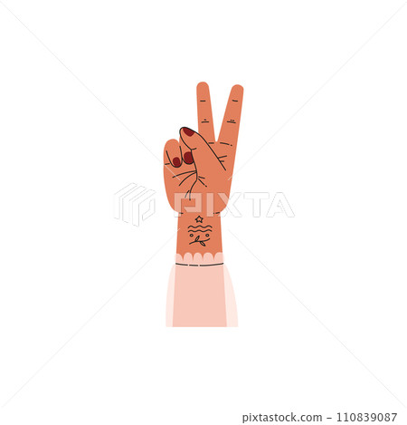 Hand raised two fingers in gesture of Victory or number 2, flat vector isolated. 110839087