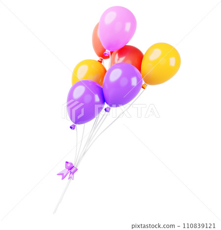 3d colorful balloons bundle with ribbons and bow. Cartoon render icon flying multicolored ballons for kids birthday party, anniversary, holiday decoration isolated on white background. 3D illustration 110839121