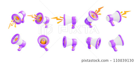 3d megaphone speaker and loudspeaker with lightning isolated render icon set in different angles view. Concept of announce, online news, marketing, advertising, social media promotion. 3D illustration 110839130