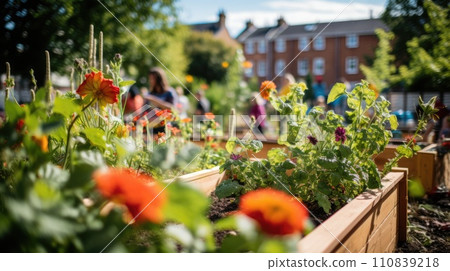 AI-generated content. community garden with lush plants and flowers in a city environment, where locals engage in urban gardening AI-generated content. community garden with lush plants and flowers in a city environment, where locals engage in urban gardening 110839218