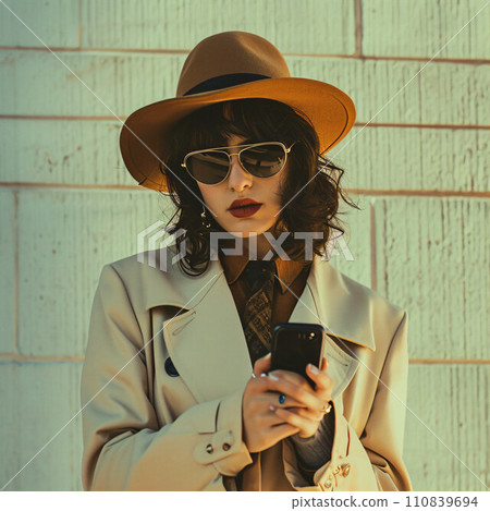 A woman operating an 80's style smartphone 110839694