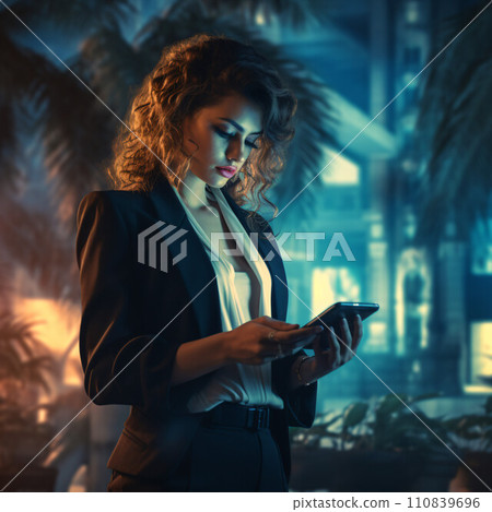 A woman in a suit that operates a tablet 110839696