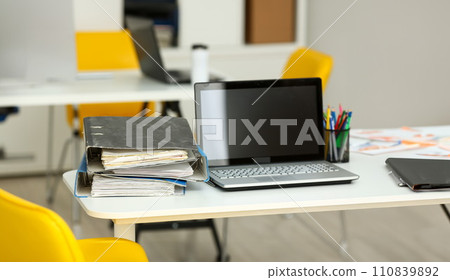 Empty workplace in office closeup Empty workplace in office closeup 110839892