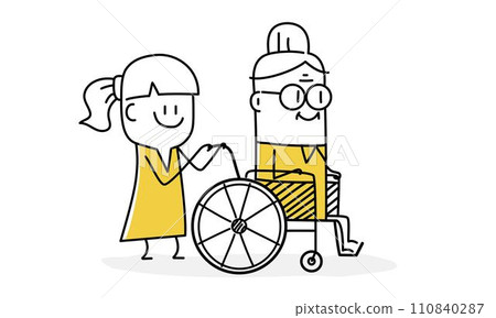 Woman rolls old man in wheelchair. 110840287