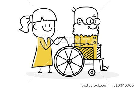 Woman rolls old man in wheelchair. 110840300