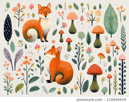 斯堪的納維亞狐狸和蘑菇的可愛插圖集 110840434