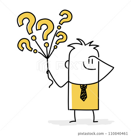 Businessman holding question marks balloon look for solutions. Businessman holding question marks balloon look for solutions. 110840461