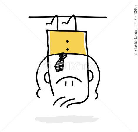 Stick figure, businessman hanging upside down. Stick figure, businessman hanging upside down. 110840495