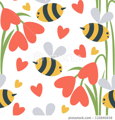 Vector seamless pattern with funny bees and heart flowers 110840838