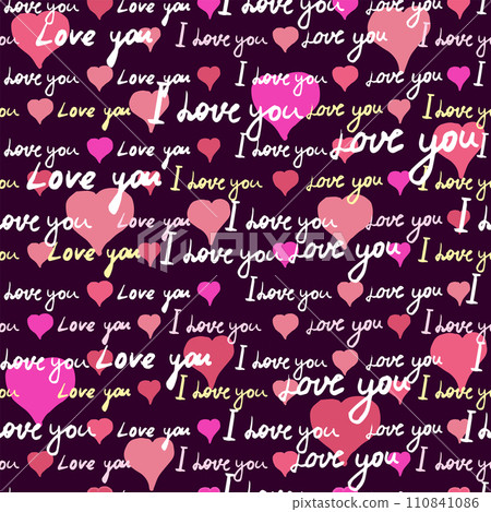 Text I love you, hand written words, pink hearts. Seamless pattern, sketch, doodle, lettering, happy valentines day. Vector illustration black background 110841086