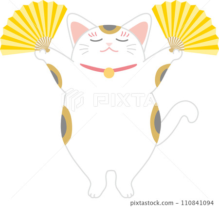 拿著折扇跳舞的招財貓_雙手折扇_閉目舒展 110841094