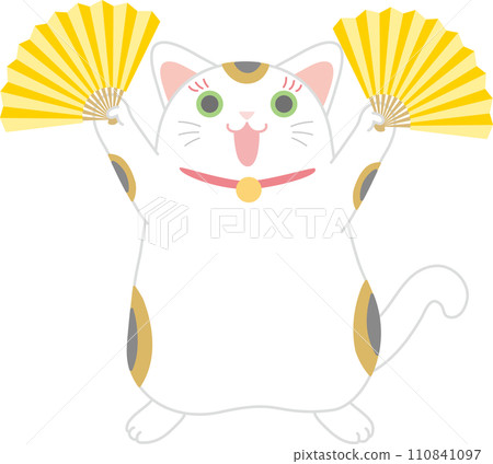 A beckoning cat dancing with a fan_Folder in both hands_Smile 110841097