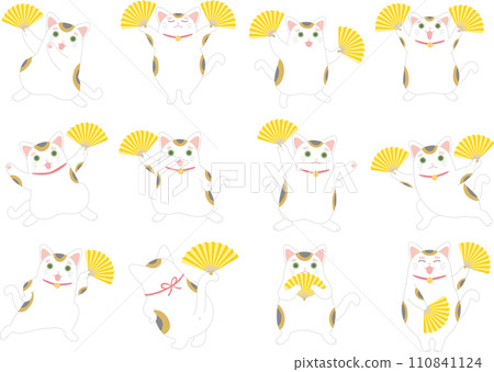 A beckoning cat dancing with a fan_set 110841124