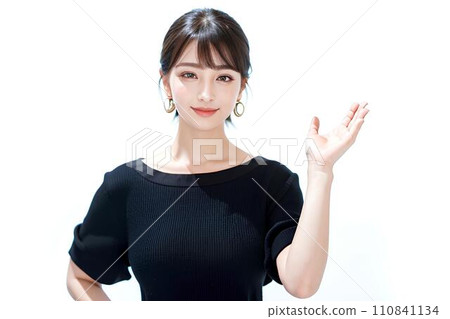Young woman guiding in white background Business image Hand held AI generated image Young woman guiding in white background Business image Hand held AI generated image 110841134